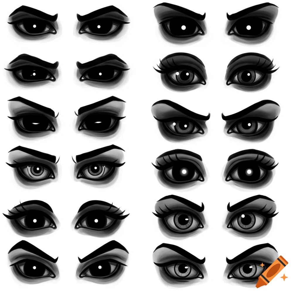 A grid of stylized, shadowy black eyes with various expressions, on a white background.