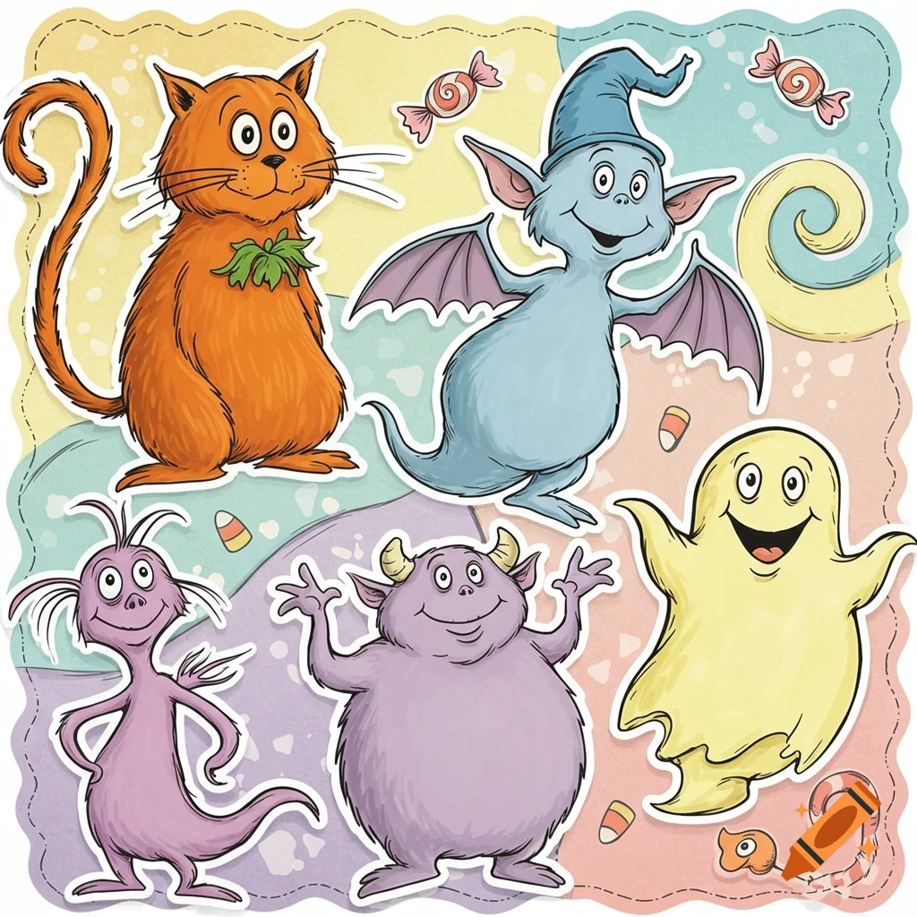 Dr. Seuss style cartoon stickers of Halloween creatures including an orange cat, blue bat, purple monster, and yellow ghost, on a colorful patterned background.