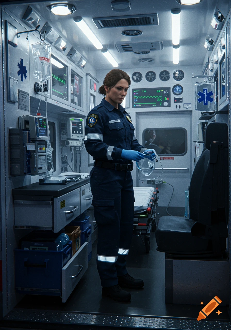 A photorealistic image of a female paramedic in a blue uniform standing in the back of an ambulance, holding medical equipment.