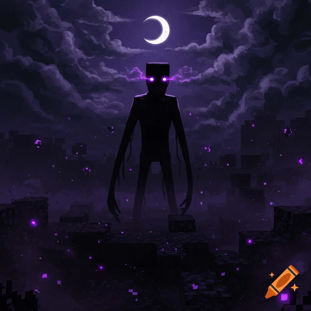 A shadowy Enderman with glowing purple eyes stands in a blocky, misty landscape under a crescent moon in a stylized dark art style.