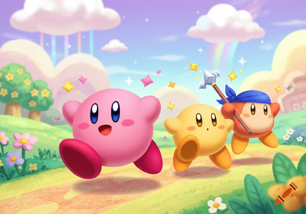Kirby, Keeby, and Bandana Waddle Dee run through a vibrant, cartoon fantasy landscape with rainbows and fluffy clouds.