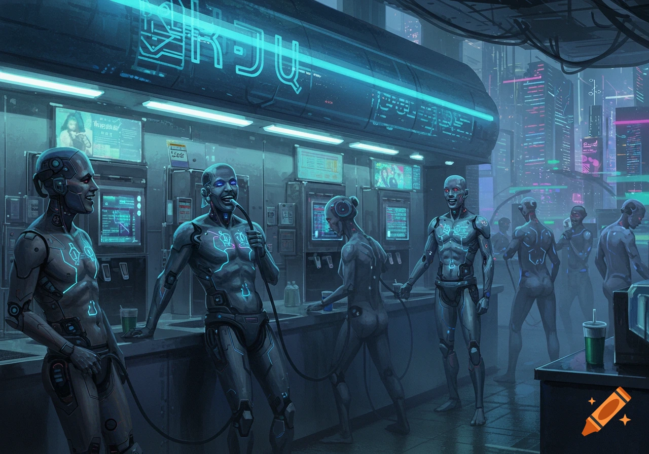Cyborgs socialize at a futuristic, neon-lit 'air filling station,' some holding tubes, others conversing. Digital art.