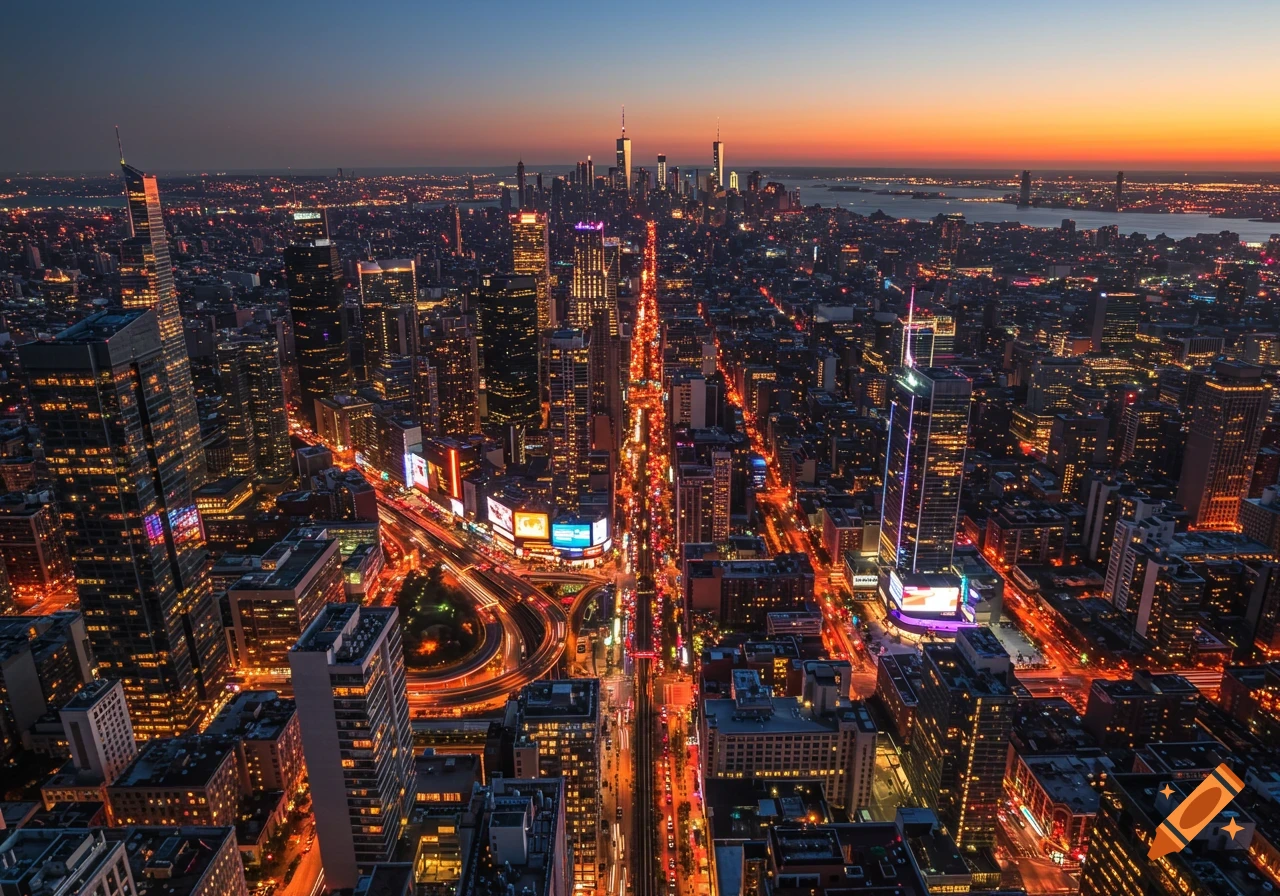 Photorealistic aerial view of a bustling city at dusk with illuminated skyscrapers, light trails from cars, and a colorful horizon.
