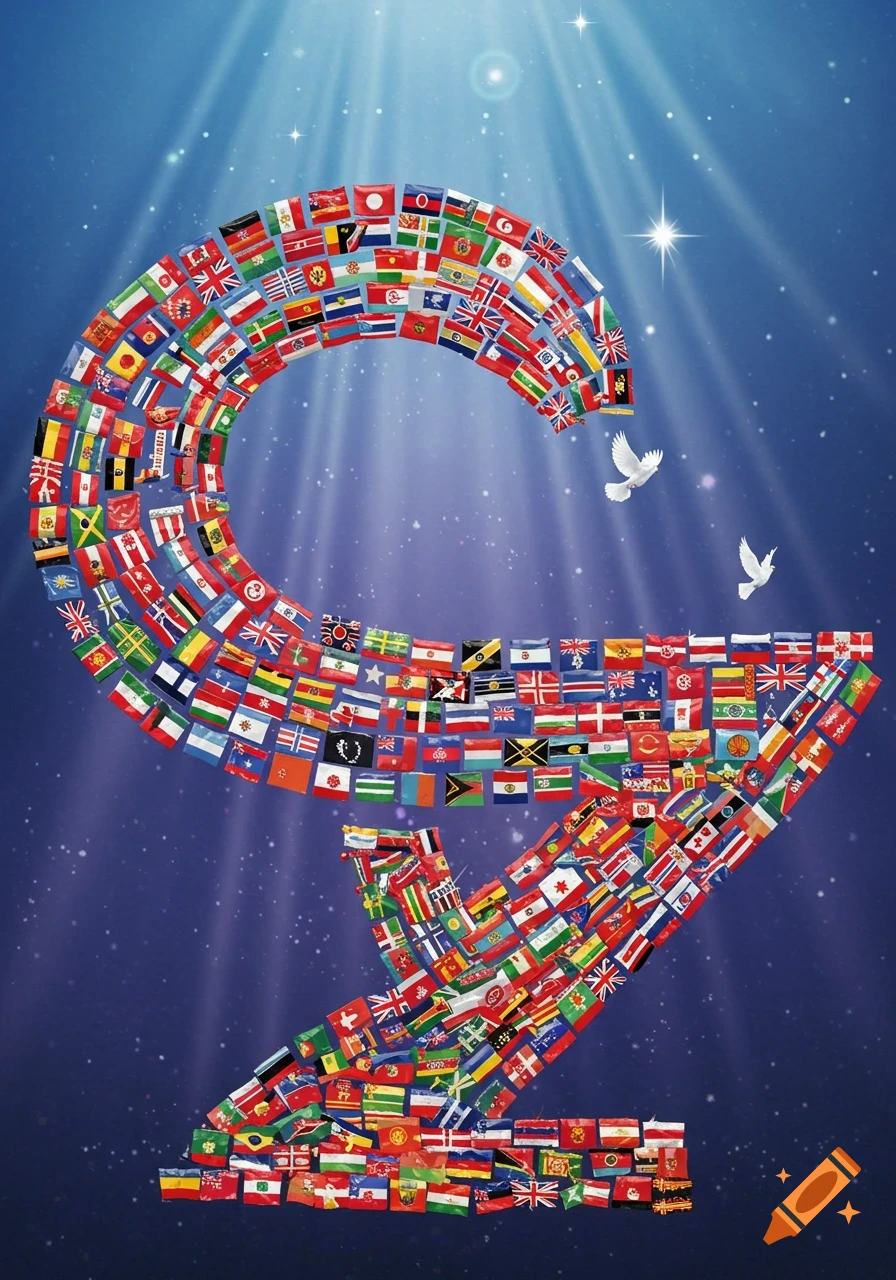 Numerous country flags form a large number 2, set against a dark blue, starry sky with bright light rays and two white doves.