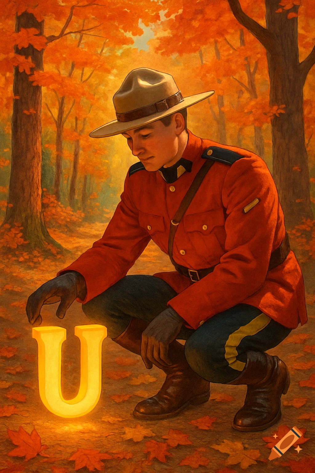 A Canadian Mountie in a red uniform crouches in an autumn forest, reaching towards a glowing golden letter U on the ground. Illustration.
