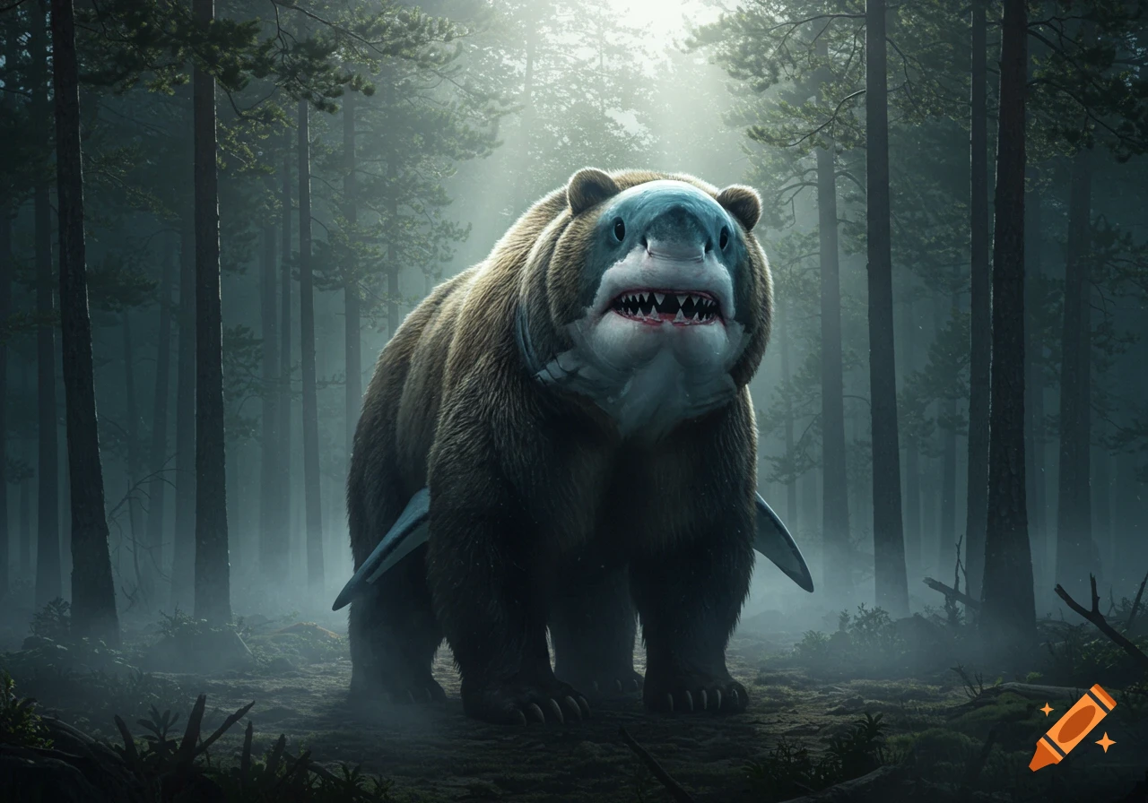 A realistic hybrid creature with a bear body and a shark head stands in a misty forest.