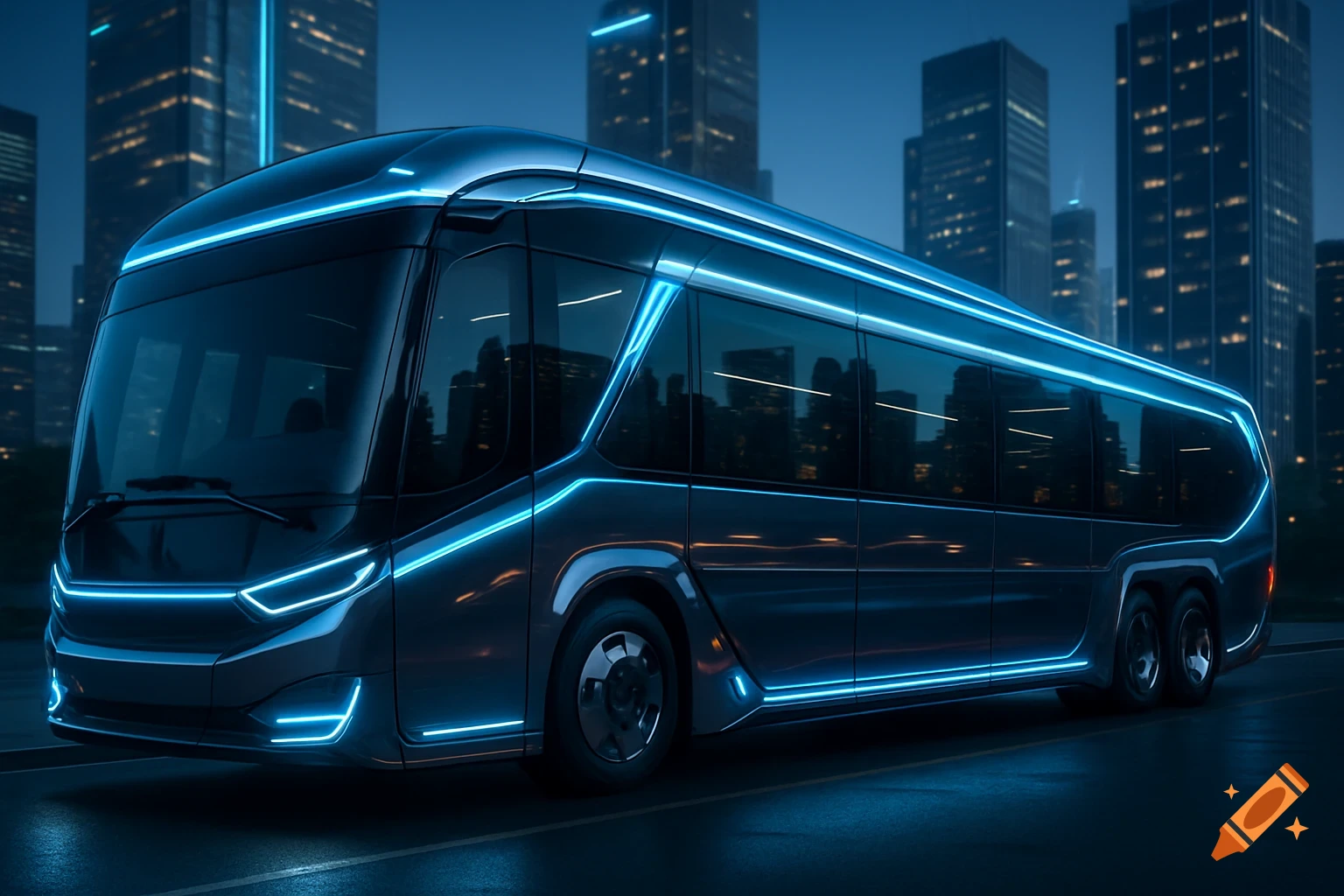 A futuristic, sleek dark bus with glowing blue neon lights travels through a city at night.