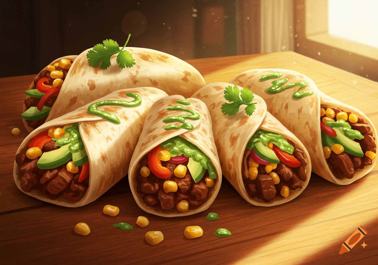 Several vibrant, stylized burritos filled with meat, corn, avocado, and peppers on a wooden table.
