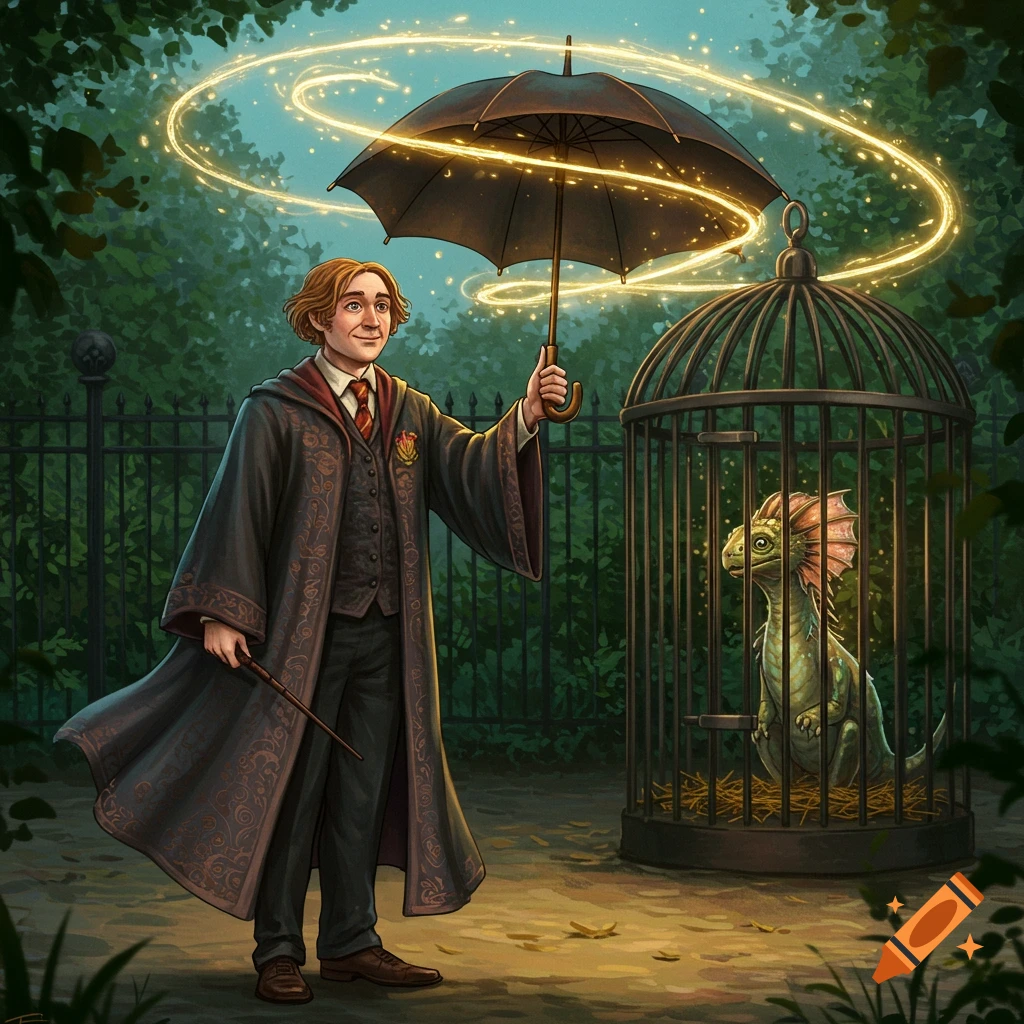 Fantasy illustration of a wizard-like man holding a glowing umbrella and wand next to a caged green creature in a garden.