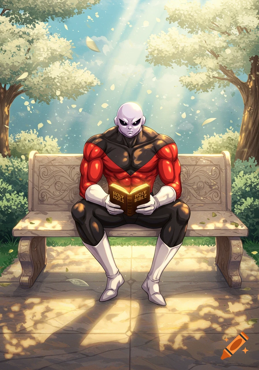 Jiren from Dragon Ball Super sitting on a park bench reading a book under a sunny sky in an anime style.