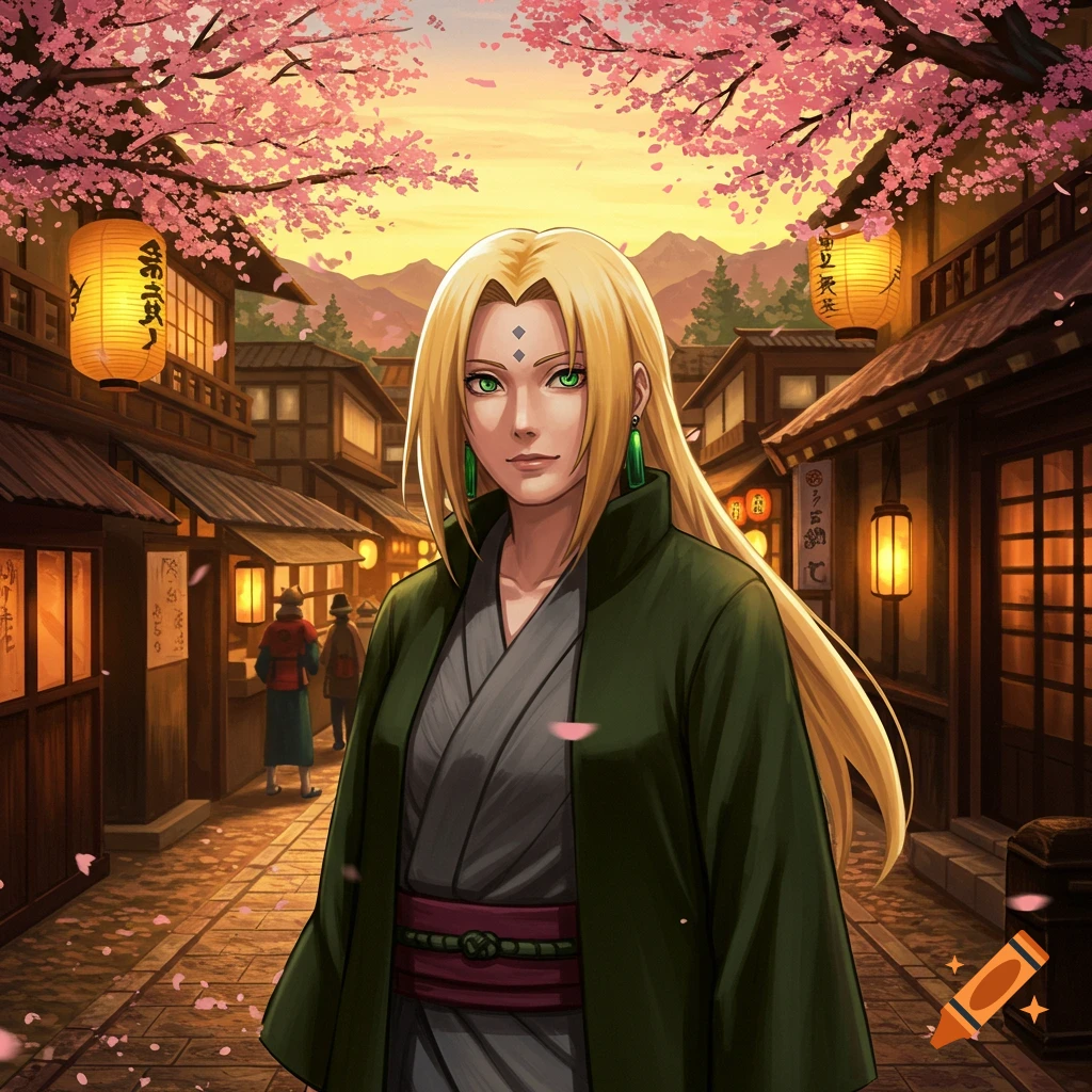 An anime woman with long blonde hair and green eyes stands in a traditional Japanese street with cherry blossoms and lanterns at sunset.