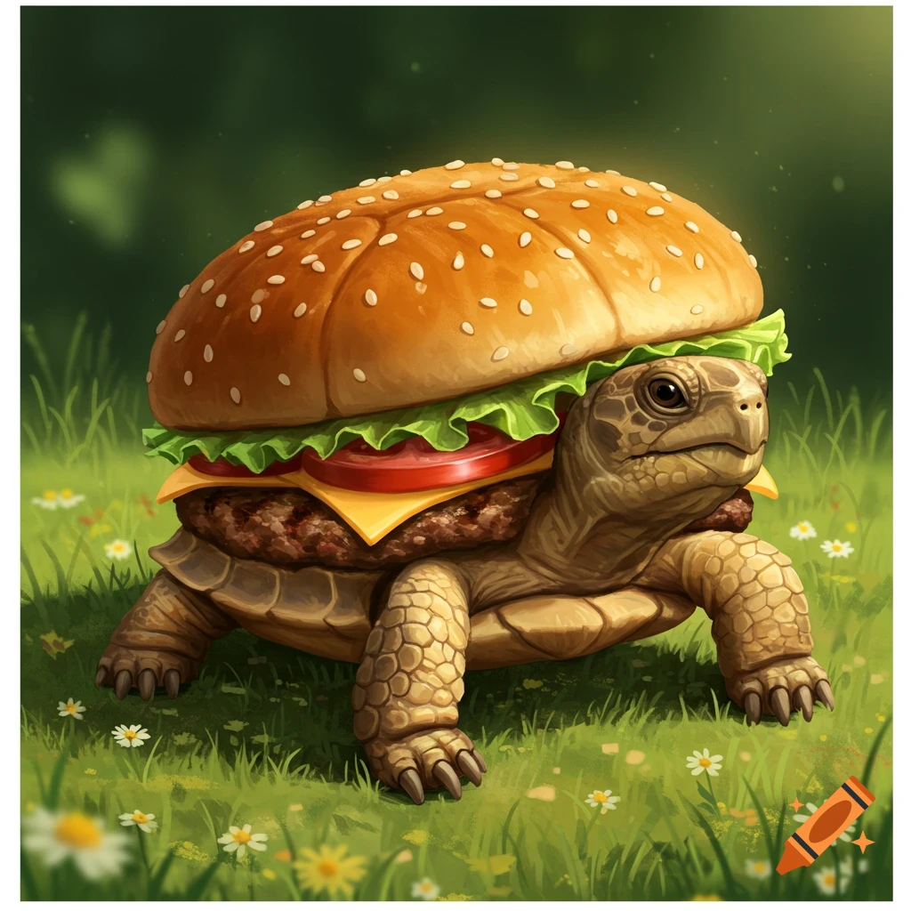 A cute turtle with a hamburger for a shell, standing in green grass with small white flowers, in a cartoonish style.