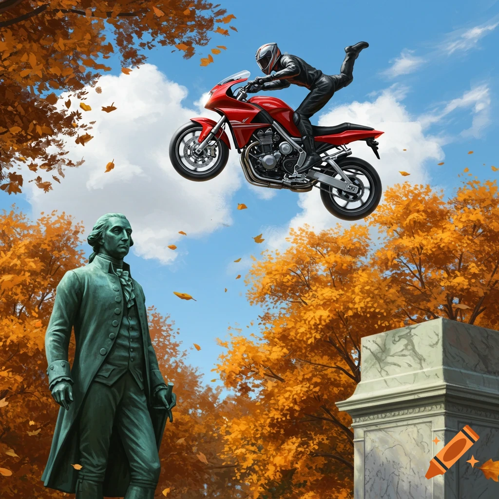 A man on a red motorcycle jumps over a George Washington statue, surrounded by autumn trees under a blue sky.