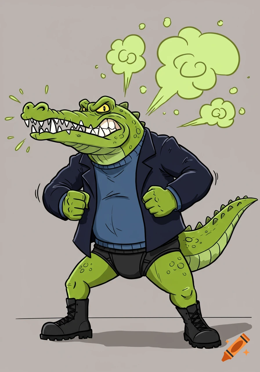 Angry cartoon crocodile in a jacket, sweater, briefs, and boots, clenching fists and farting green fumes.