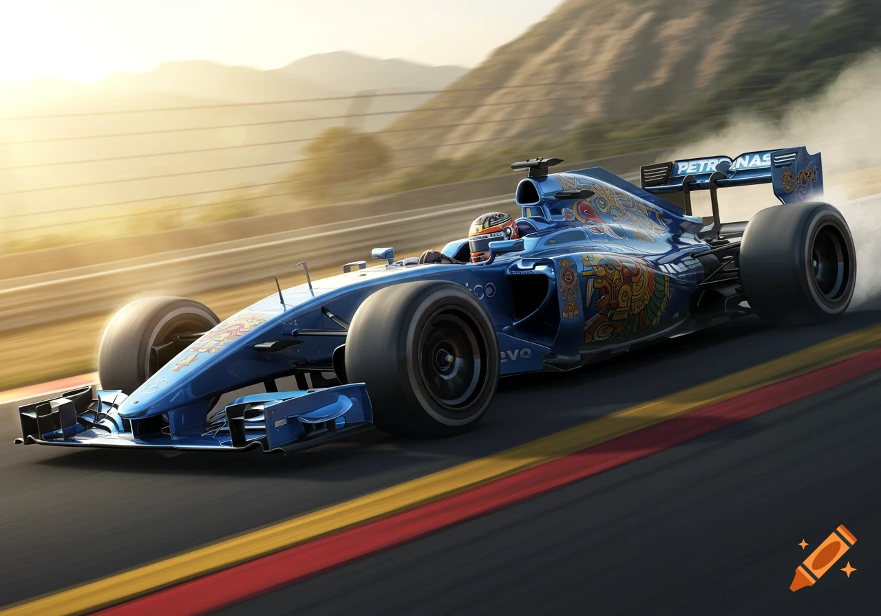 A blue F1 race car with vibrant Aztec warrior art on its side speeds down a track at sunset, mountains in the background.
