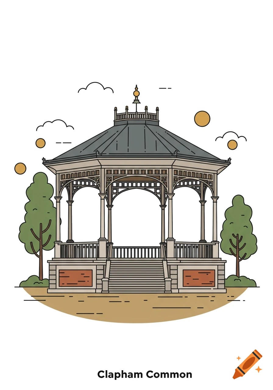 Line art illustration of a bandstand at Clapham Common, featuring a grey roof, pillars, and a base, with sparse trees and clouds.