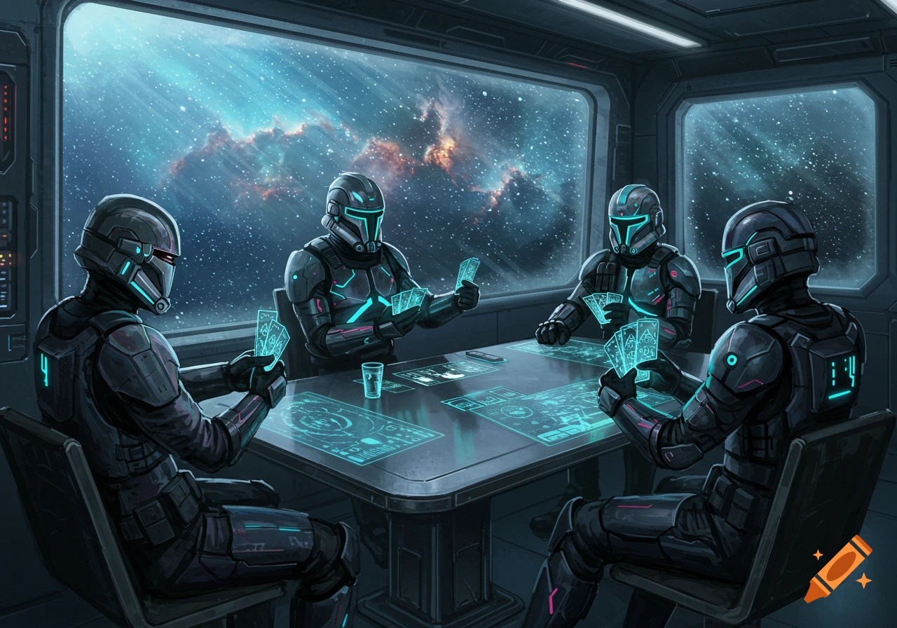 Four futuristic troopers in glowing black armor play a card game at a holographic table inside a spaceship, gazing out at a starry nebula.