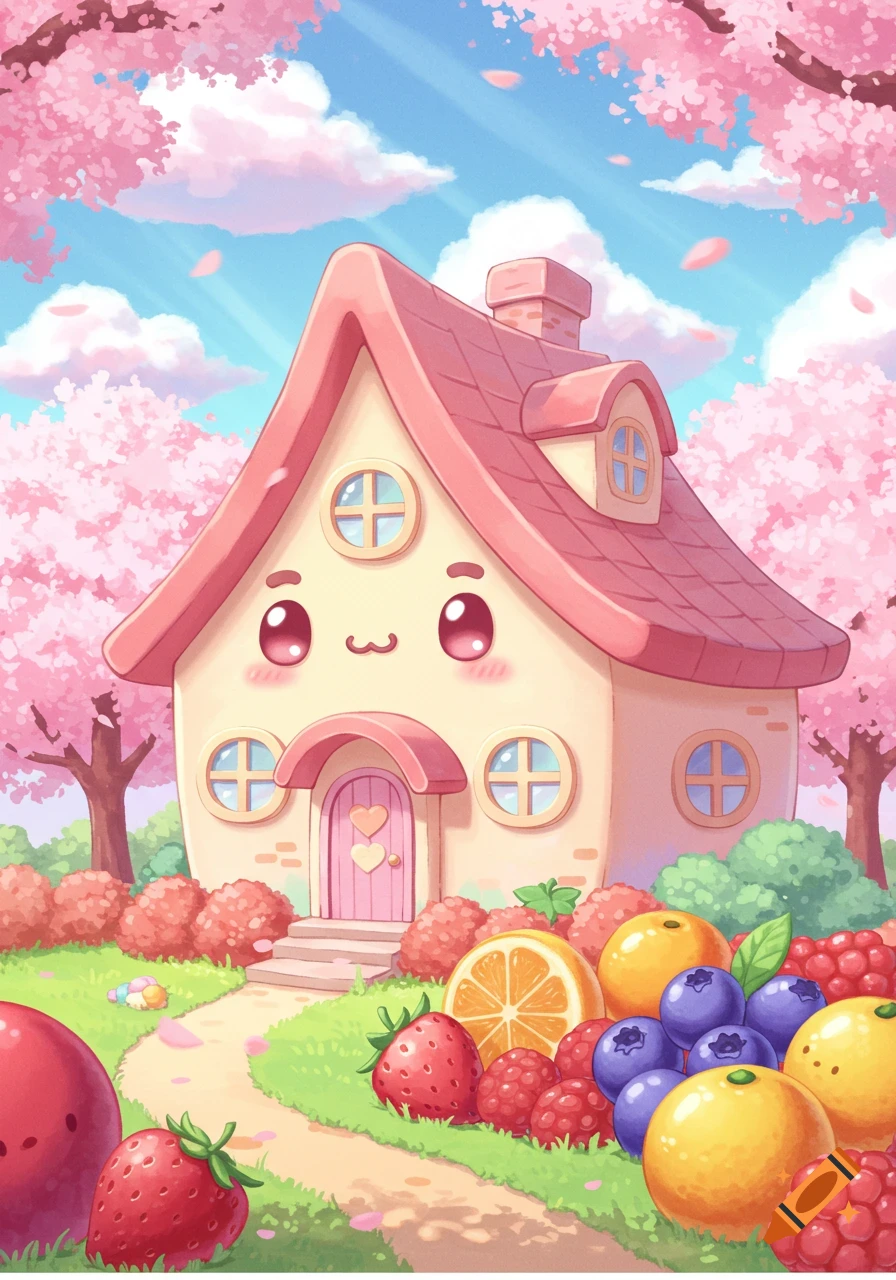 A cute, cartoonish house with a pink roof and a smiling face, surrounded by cherry blossoms, large fruits, and a garden path, in a bright kawaii illustration style.