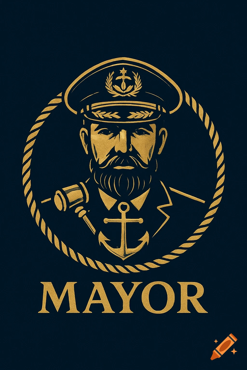 Stylized gold logo of a bearded captain holding a gavel, with an anchor, against a dark blue background, text 'MAYOR'.