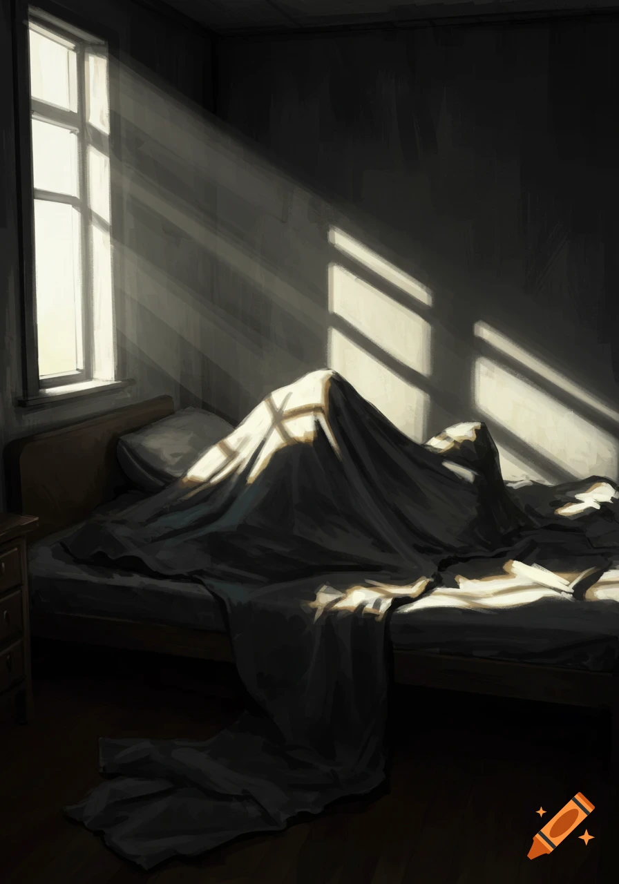 Illustrated view of a shadowy bedroom with sunlight streaming through a window onto a bed where a figure hides under blankets.