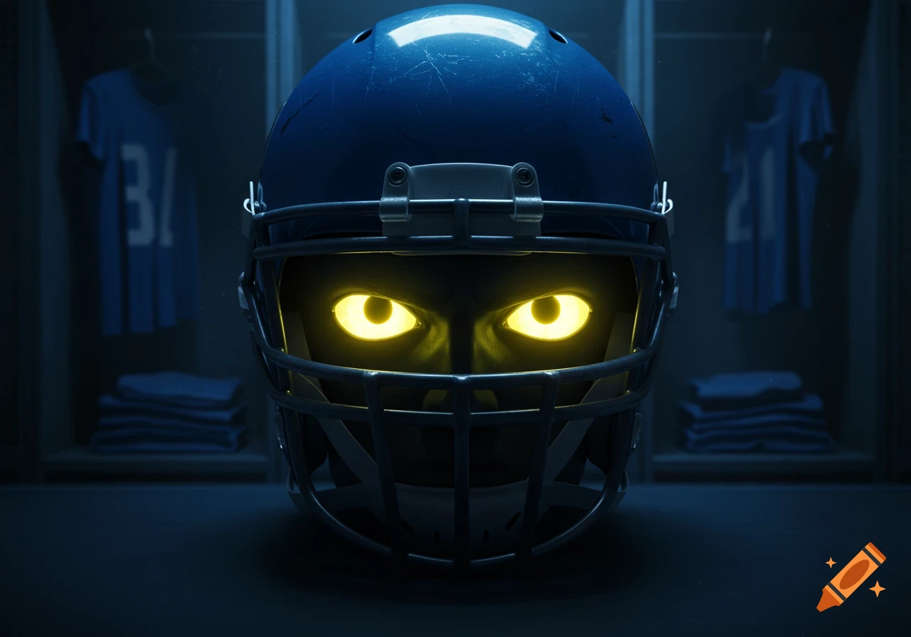 A blue football helmet with intense glowing yellow eyes stares from a dimly lit locker room, with jerseys in the background.