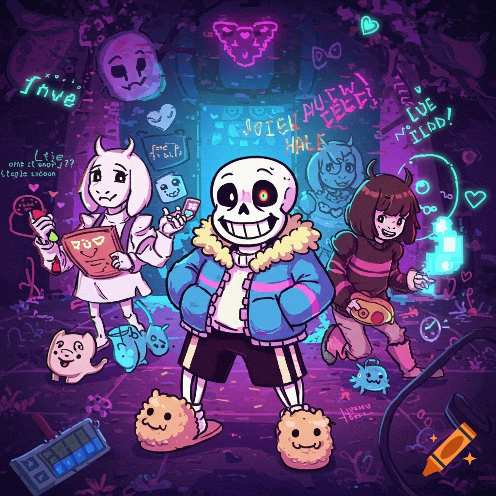 Cartoon characters Sans, Toriel, and Frisk from Undertale in a vibrant neon-lit scene with small creatures and glowing text.