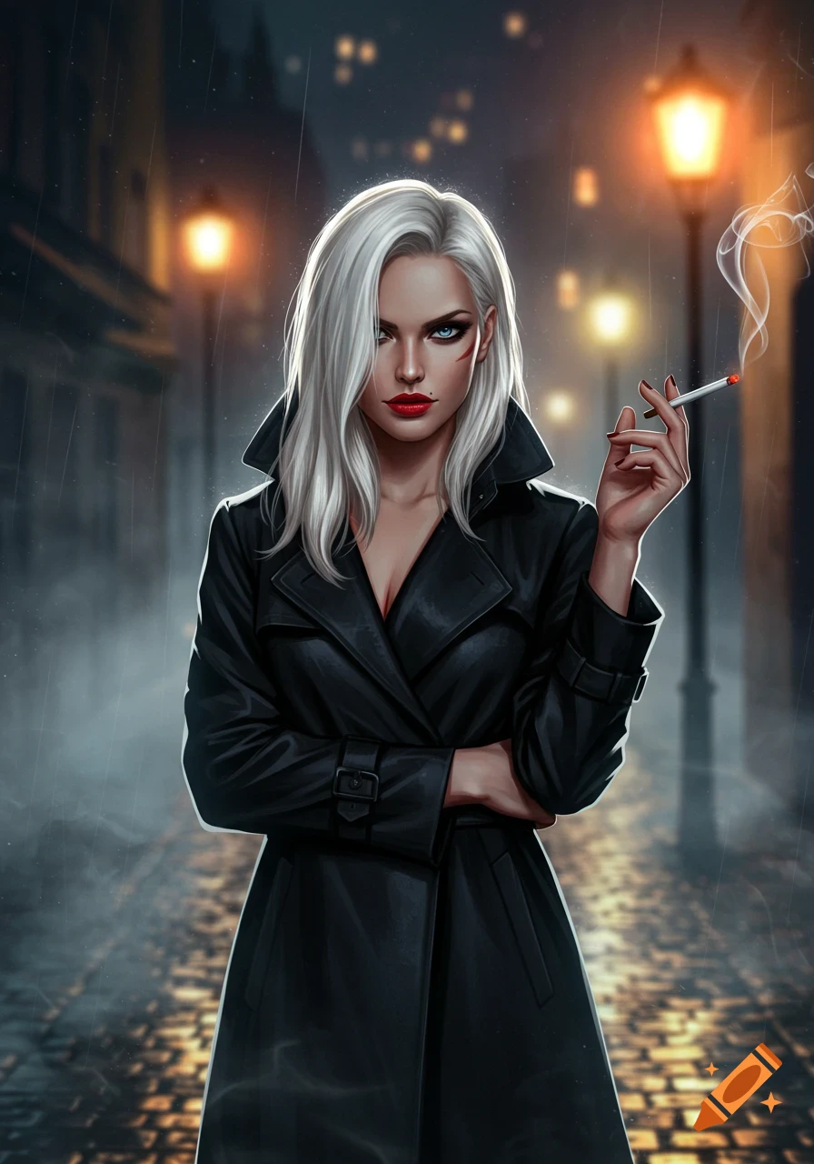 Digital illustration of a blonde woman in a black trench coat, holding a cigarette on a rainy city street at night.