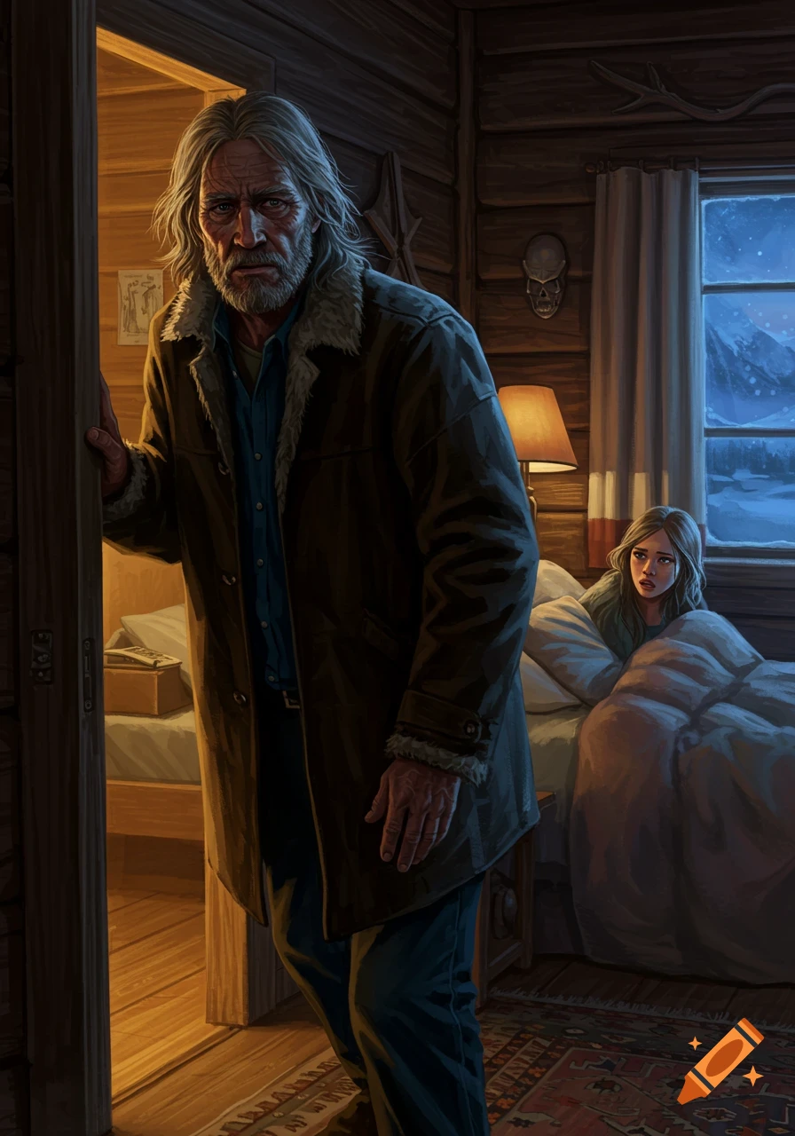 Grizzled man with long hair enters a dim cabin room where a fearful young woman hides in bed. Snowy mountains visible outside window.
