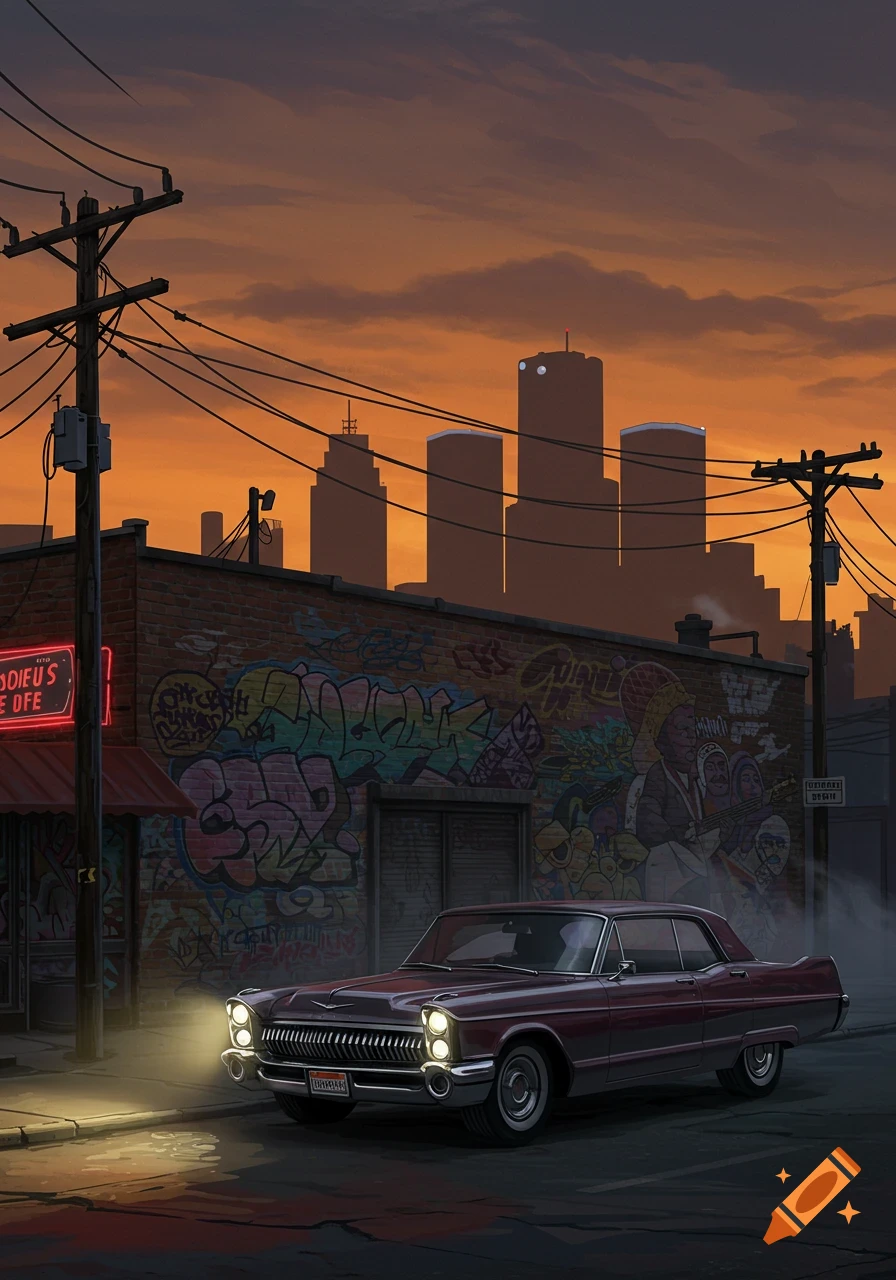 An illustration of a classic maroon car parked on a dimly lit urban street with a graffiti-covered building and sunset cityscape.