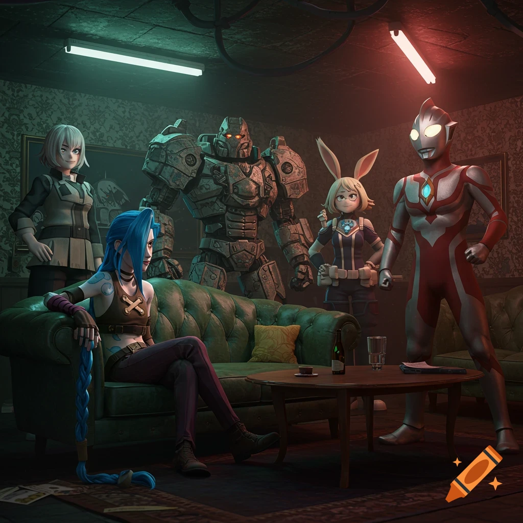 Jinx, a robot, a rabbit-eared character, and Ultraman gather in a dimly lit, stylized 3D rendered room.
