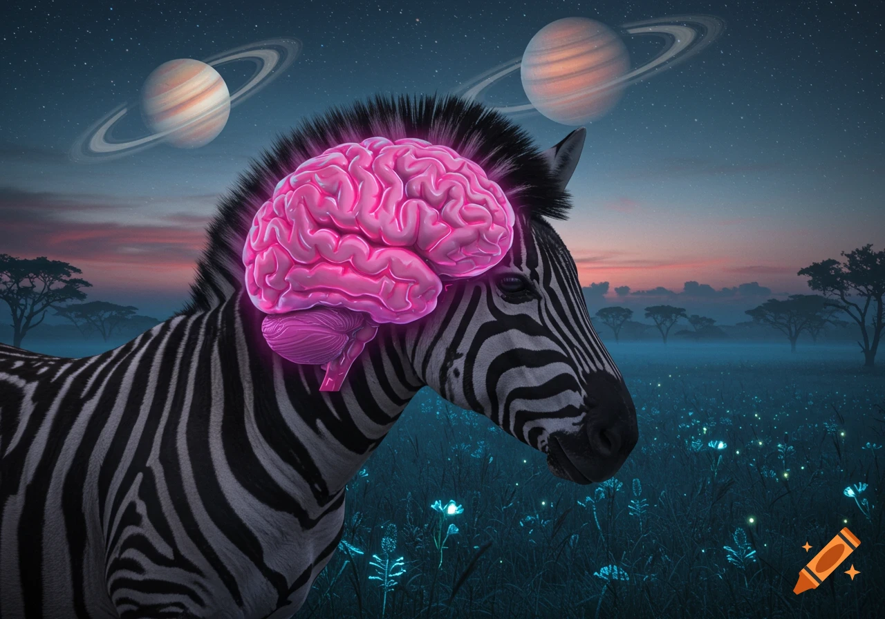 A zebra with a glowing pink brain on its head stands in a mystical landscape under a starry sky with two ringed planets.