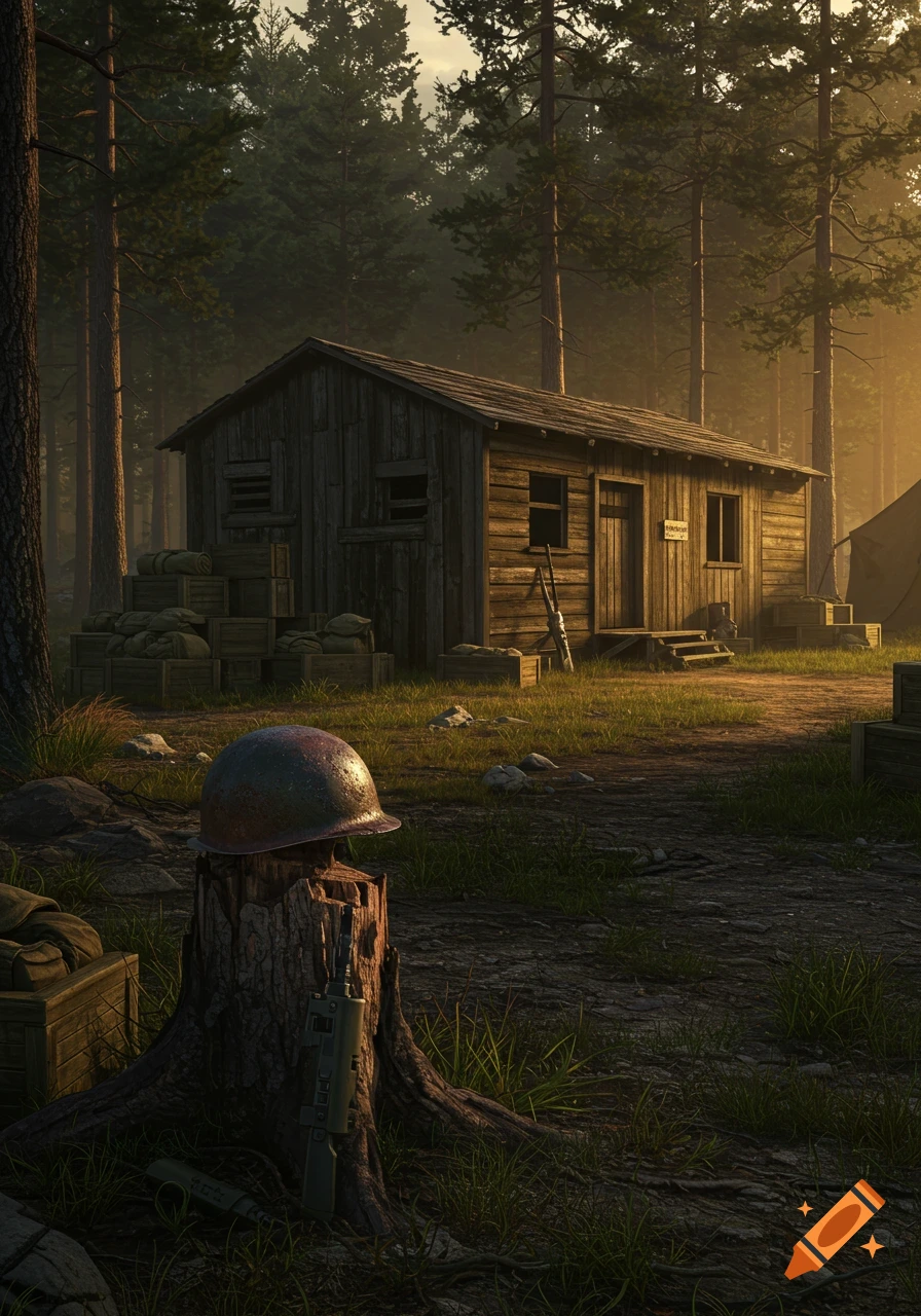 Photorealistic image of a WWII American barracks in a clearing, surrounded by tall pine trees, with a soldier's helmet on a tree stump and supplies stacked nearby.