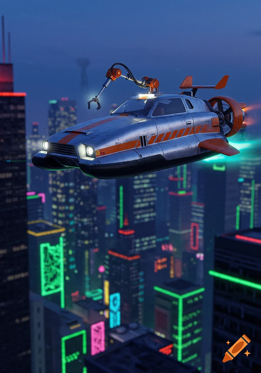 A silver and orange futuristic flying car with a robotic arm hovers over a neon-lit cyberpunk city at night.