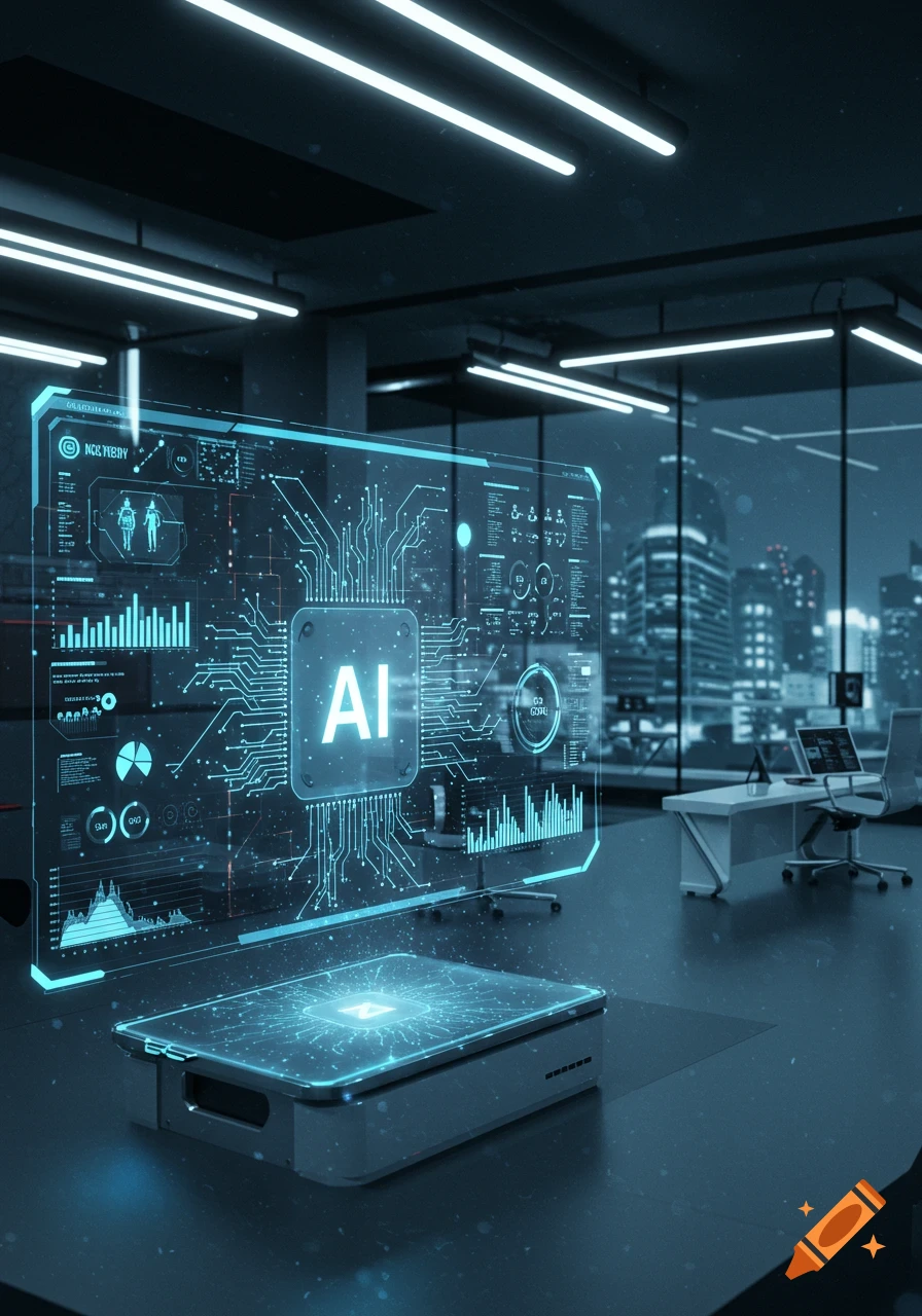 A holographic display showing 'AI' and data visualizations in a futuristic office overlooking a city at night.
