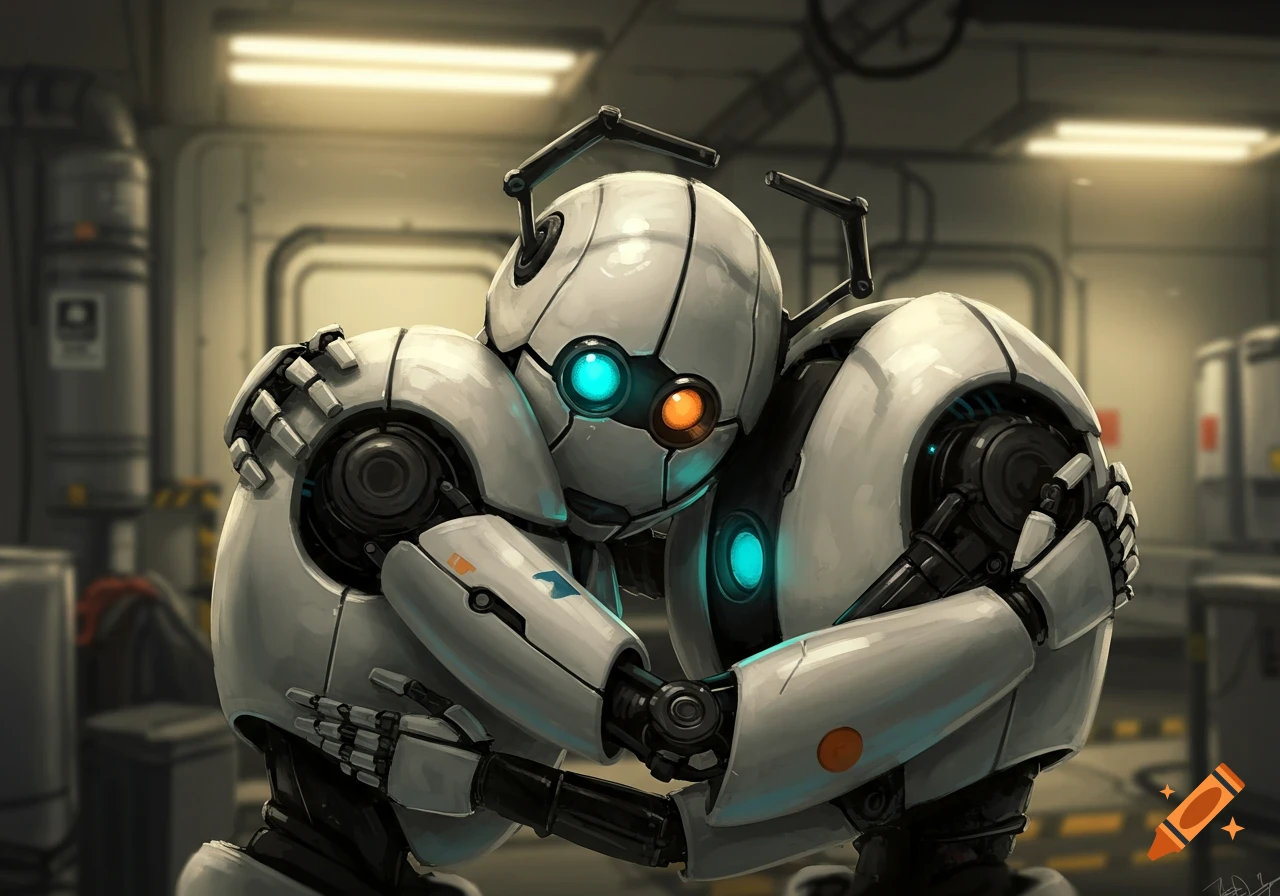 Atlas and P-body robots from Portal 2 hugging in a sci-fi lab.
