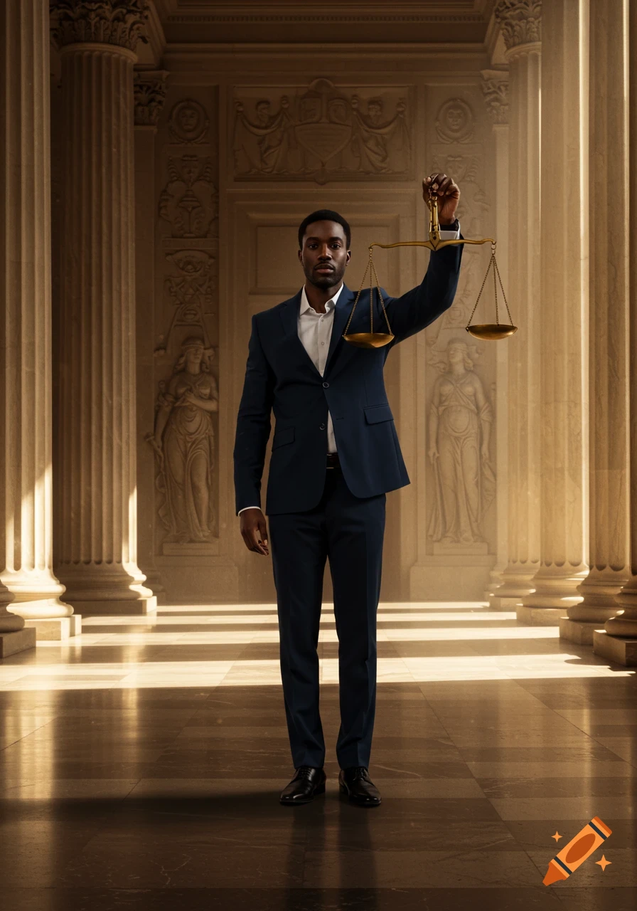 A Black man in a dark suit holds up a golden scale of justice while standing in a grand hall with classical columns.