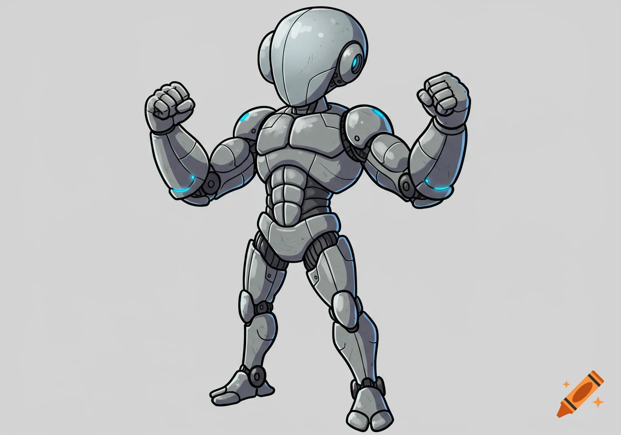 A cartoonish muscular gray humanoid robot with blue accents stands with clenched fists on a plain background.
