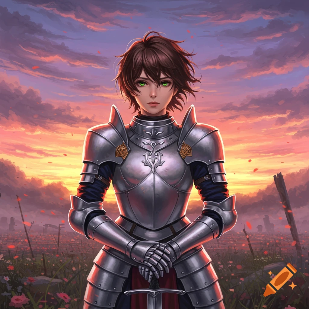Anime girl knight with short brown hair and green eyes in silver armor, holding a sword in a field of flowers at sunset.