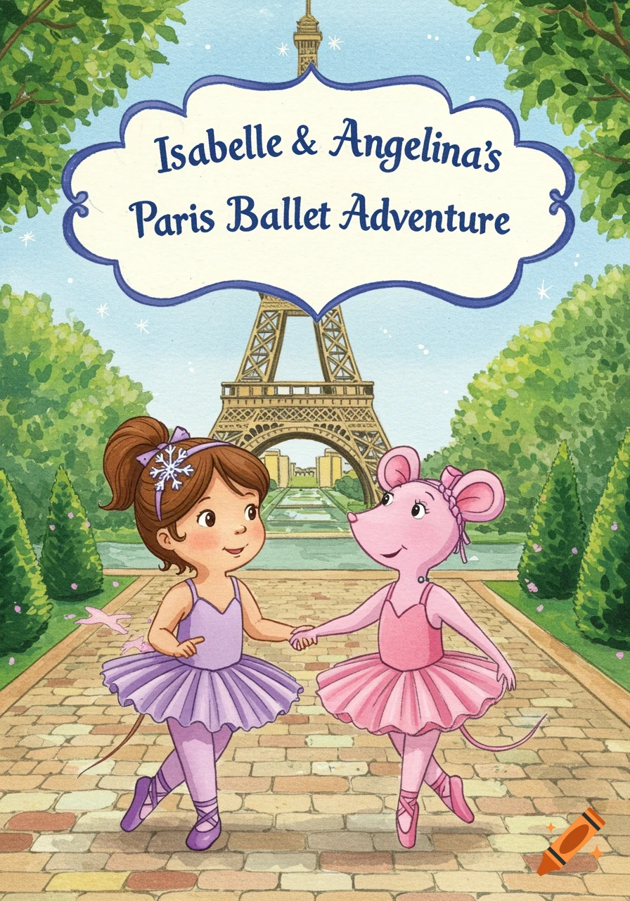 Watercolor illustration: a girl and a pink mouse in ballet tutus hold hands in front of the Eiffel Tower. Title: "Isabelle & Angelina's Paris Ballet Adventure".