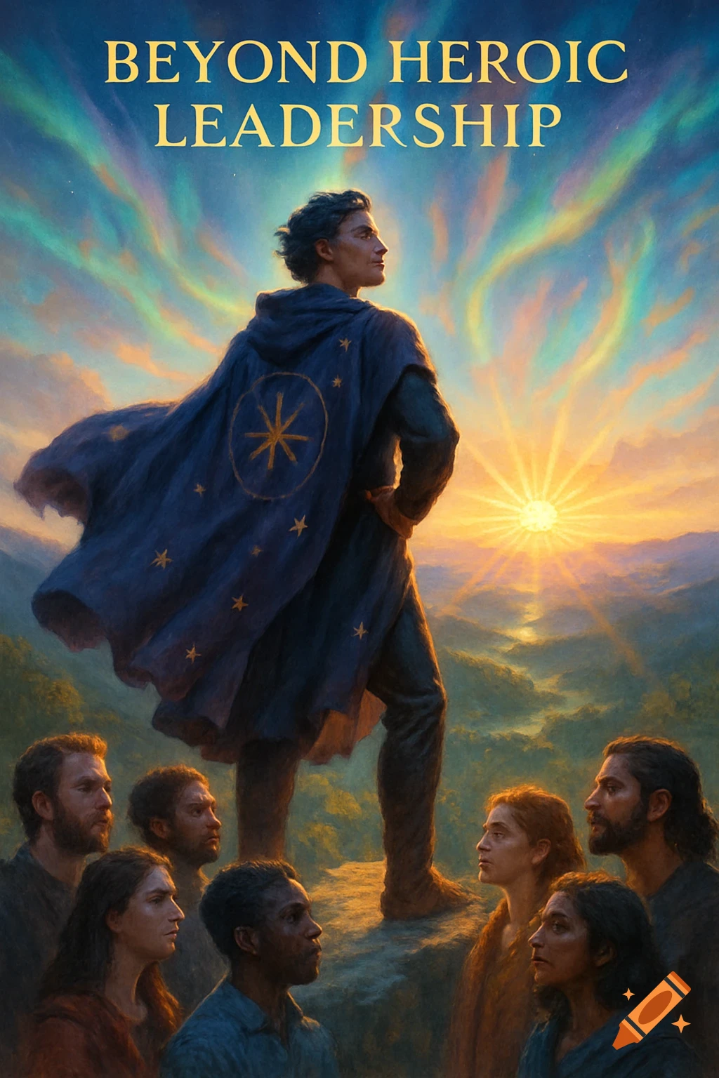 A leader in a blue cape overlooks an admiring crowd at sunrise under an aurora, with text 'BEYOND HEROIC LEADERSHIP' at the top.
