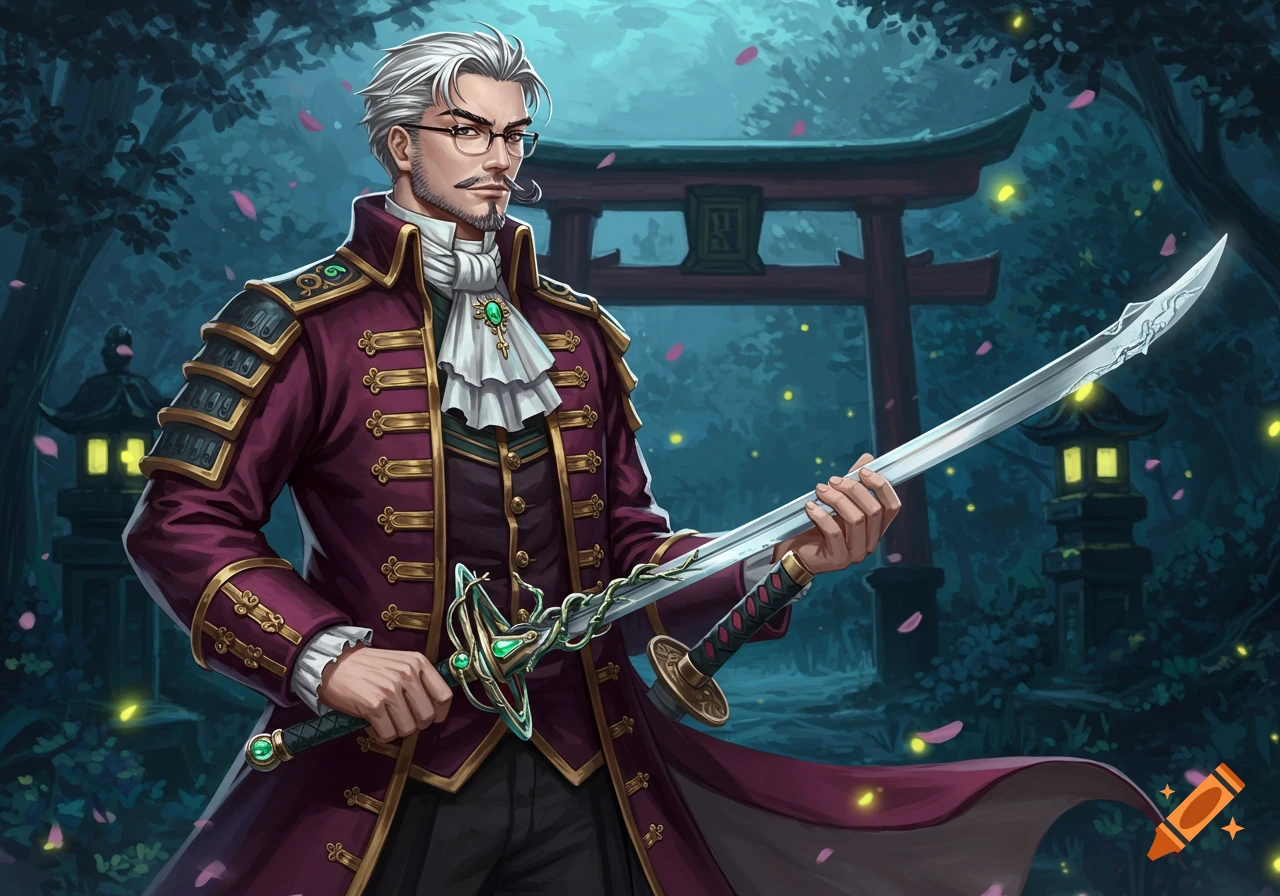 A white-haired man in a maroon Victorian coat and glasses holds a sword in a moonlit Japanese forest with a torii gate.