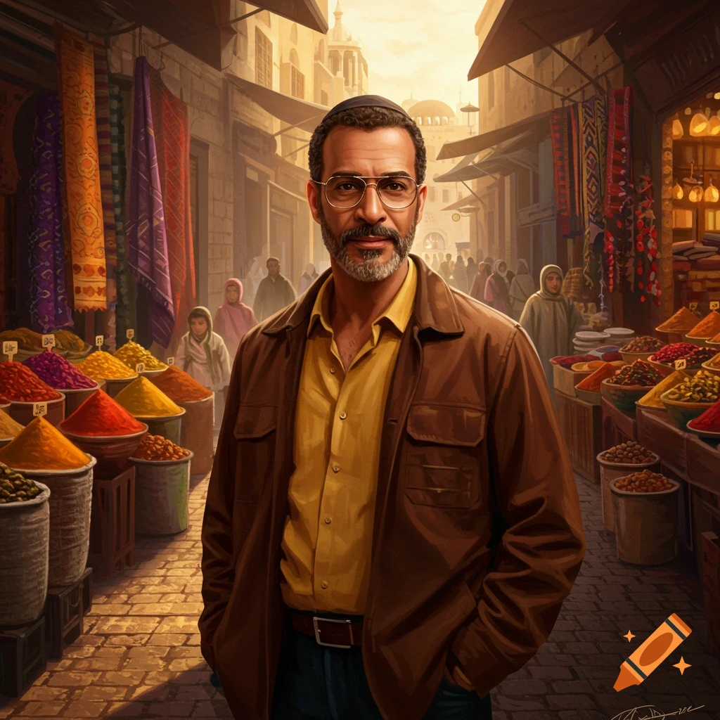 A man in a brown jacket and yellow shirt, with glasses and a beard, stands in a vibrant Middle Eastern market with colorful spices and textiles.