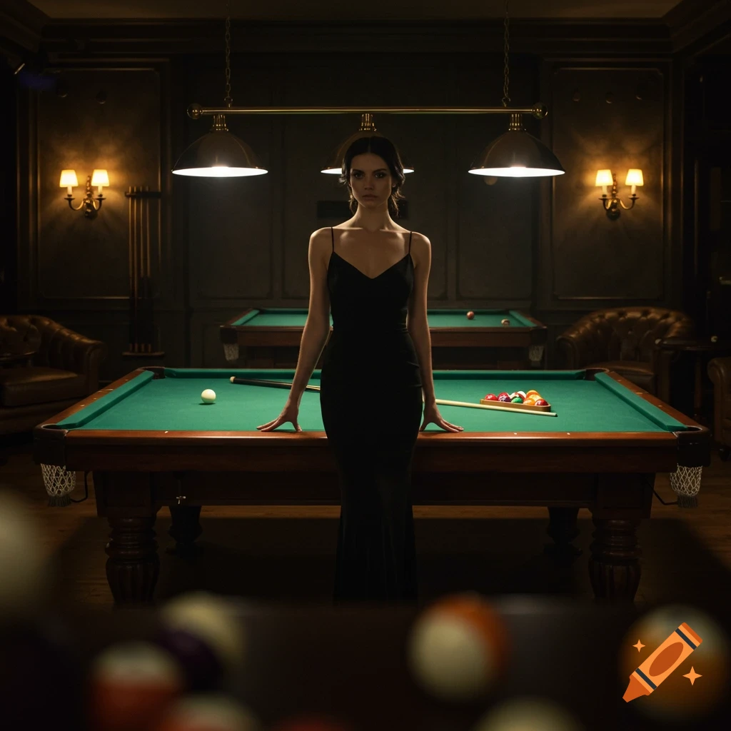 A photorealistic image of a woman in a black dress standing in front of a pool table in a dimly lit billiards room.