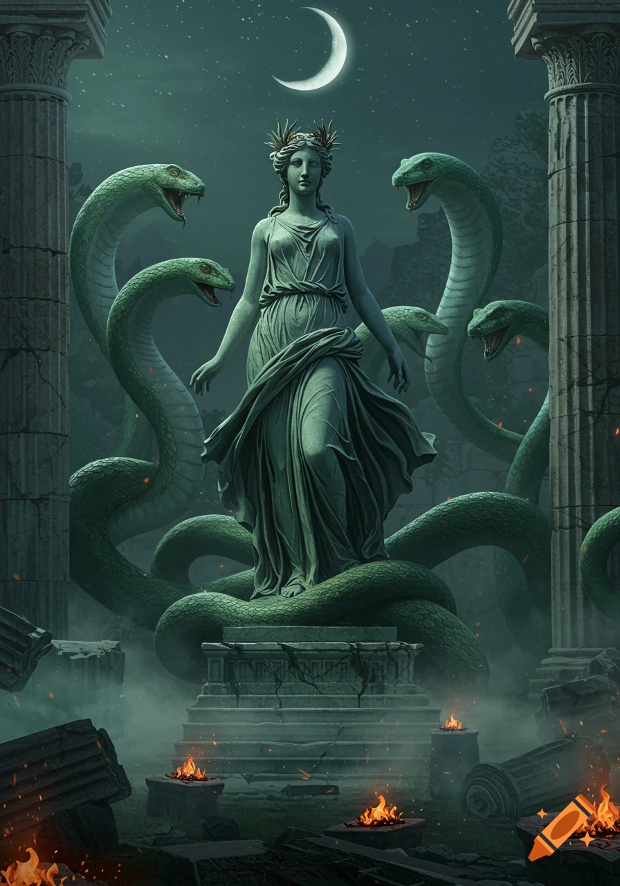 A stone statue of a Greek goddess, crowned, stands among large green snakes in ancient ruins under a crescent moon with small fires.