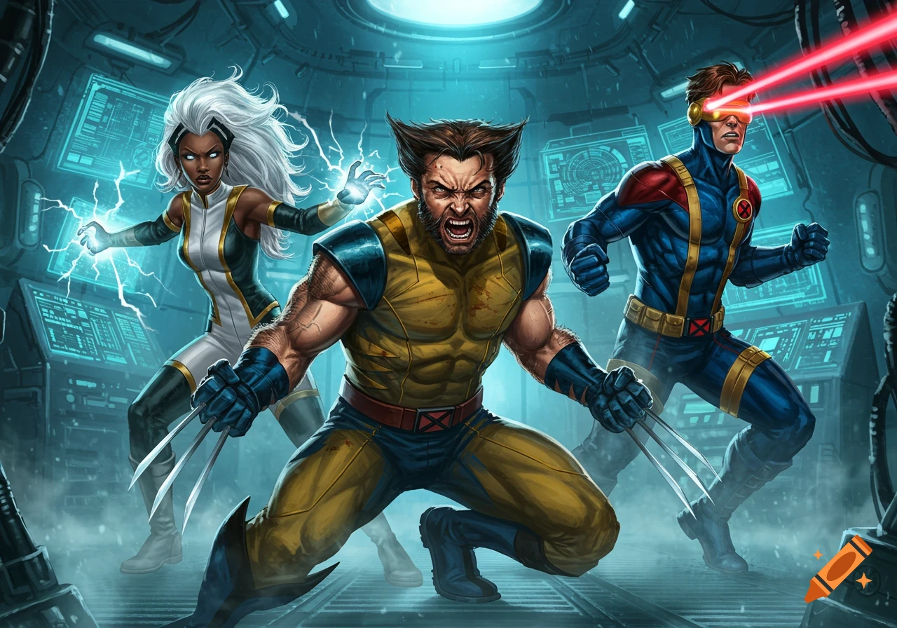Wolverine, Storm, and Cyclops in a futuristic room. Wolverine roars with claws extended, Storm generates lightning, and Cyclops fires optic blasts.