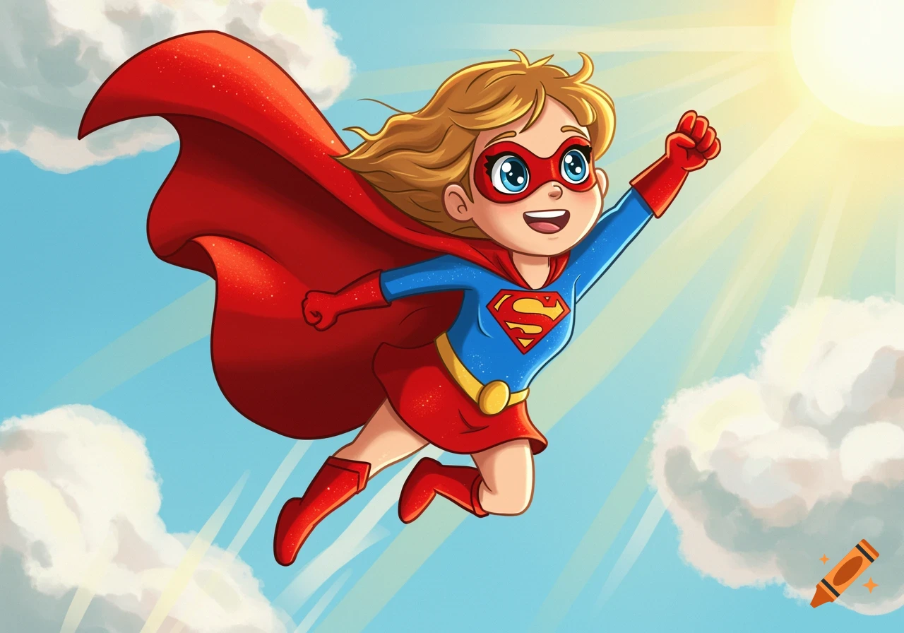 Cartoon superhero girl with an 'S' emblem, red mask, and cape, flying joyfully in a sunny, cloudy sky.
