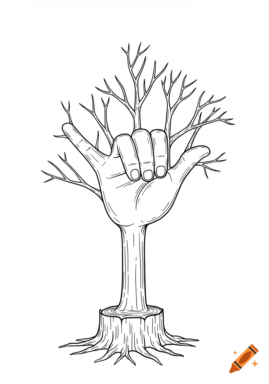 Black and white cartoon line art illustration of a tree growing from a stump, with its branches forming the American Sign Language 'I Love You' hand sign.