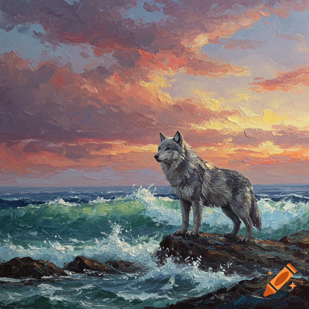 Textured oil painting of a wolf standing on rocks by the ocean at sunset, with crashing waves.