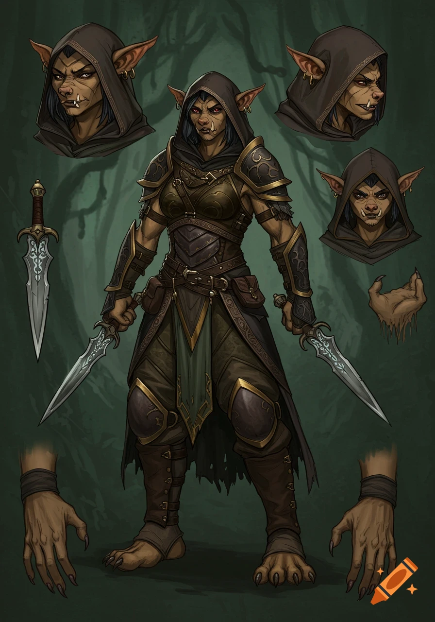 Detailed fantasy concept art of a female bugbear rogue in armor holding daggers, with facial and hand studies.