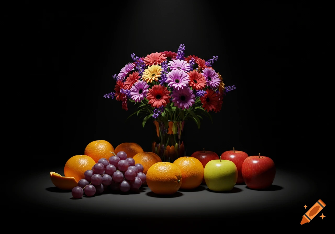 Photorealistic still life of a vibrant flower bouquet in a vase surrounded by oranges, grapes, and apples on a dark background with spotlighting.